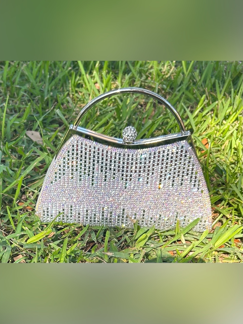 Silver Crystal Evening Clutch Bag with Shoulder Strap